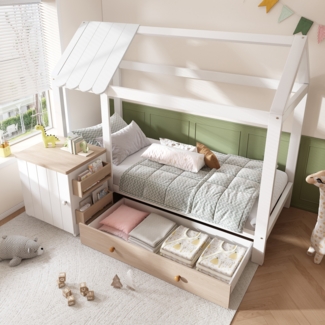 Merax Kinderbett Massivholzbett Hausbett 90x200cm mit Schublade, beweglichem Nachttisch, Weiß und Eiche