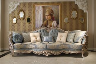 Casa Padrino Luxus Barock Wohnzimmer Sofa Hellblau / Beige / Silber 295x95 x H. 115 cm