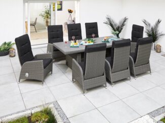 KONIFERA Garten-Essgruppe Brisbane, (Set, 17-tlg, inkl. Auflagen, 8x Sessel, 1x Tisch 225 x 100 x 75, Aluminium/Polyrattan), Rückenlehnen verstellbar, Tischplatte aus Stone-Spray-Glas