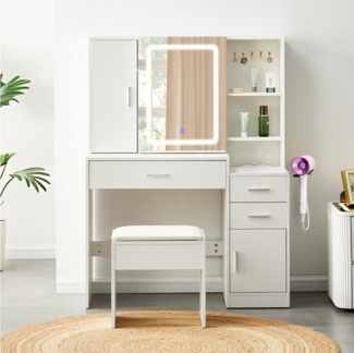 Ofcasa Schminktisch 100x40x137,5cm Frisiertisch 3 Schubladen (2 Pakete), mit Ladestation, Haartrocknerhalter, Inkl. LED-Leuchte