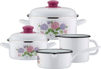 GSW Topf-Set Hortensie, Stahl-Emaille (Set, 6-tlg, je 1x Kochtopf Ø 16/20 cm, Stielkasserolle Ø 16 cm, Milchtopf Ø 12 cm), Induktion