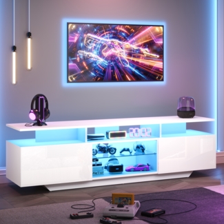 TV-Möbel 160x40x45 cm mit 2 Schränke + 3 halboffene Ablagen, gehärtetes Glas, Hochglanz weiß, LED-Lichtleiste per App steuerbar