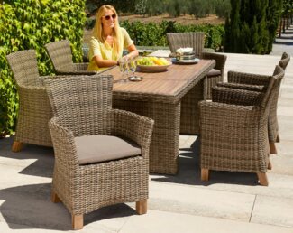 MERXX Garten-Essgruppe Toskana, (13-tlg, 6 Sessel, 1 Wangentisch 185x90 cm, inkl. Sitzkissen), Aluminium, Polyrattan, Akazienholz FSC 100 %, geeignet für 6 Personen