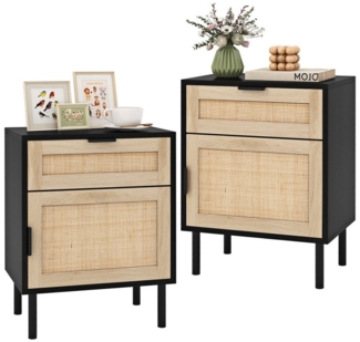COSTWAY Nachttisch (2-St), Rattan Beistelltisch, Sofatisch, mit Schublade & Schrank