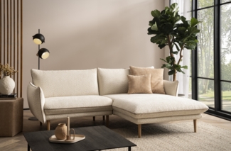 DOMO. collection Ecksofa 100 024, kleine Couch in L-Form, mit Taschenfederkern, bodenfreies Design, Holzfüße, Sofa, Polsterecke, Eckcouch, 222 x 159 x 86 cm (BxTxH), Farbe creme