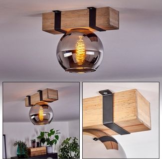 hofstein Deckenleuchte Deckenlampe aus Metall/Holz/Glas in Schwarz/Natur/Chromfarben, ohne Leuchtmittel, Holzbalken und Glasschrim Ø15cm, 1x E27, ohne Leuchtmittel