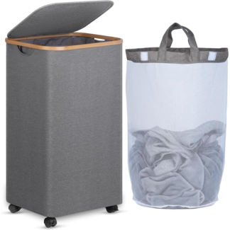 efluky Wäschekorb XL 100L mit Rollen Deckel Herausnehmbarer Innentasche Grau