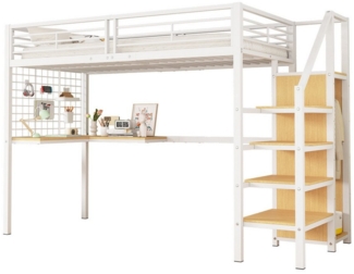 Merax Hochbett 90x200cm mit Tisch und Kleiderschrank Etagenbett mit Seitenleiter mit Handlauf, Eisenbett Kinderbett