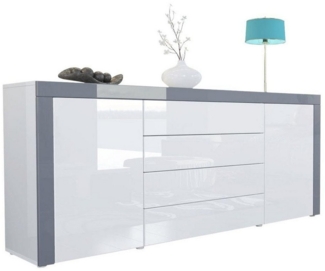 Sideboard Kommode La Paz, Korpus in Weiß Hochglanz / Front in Weiß Hochglanz mit Rahmen in Grau Hochglanz