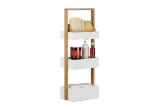 Relaxdays Badregal mit 3 Ablagen, Bambus weiß / natur, 30 x 18 x 88 cm
