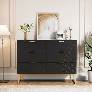 UEV Sideboard mit 6 Schubladen, Highboard Mehrzweckschrank mit Kisppschutz (für Wohnzimmer Schlafzimmer Büro Flur, 100x34x73,5cm), Küchenschrank Buffet TV Board Schrank mit Füße Aufbewahrungsschrank