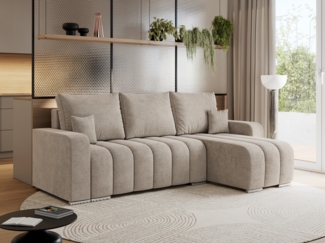 Universelles Ecksofa in Streifen genäht mit Schlaffunktion und Bettkasten, modern Stil - KIRASSO - Beige Stoff