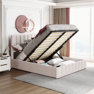BlingBin Einzelbett Polsterbett Doppelbett (1-tlg, Polsterbett 140*200, mit Hydraulisch anhebbarer Bettstauraum), höhenverstellbares Polsterkopfteil,Metalllattenrost,Samtstoff
