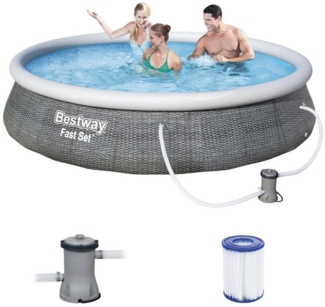 BESTWAY 57376 Fast Set Pool Swimmingpool Rund Rattan Optik + Filterpumpe 396x84