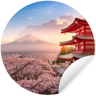 MuchoWow Wandsticker Pagode - Sakura - Fuji - Blütenzweige - Japan (1 St), Wandtattoo Selbstklebend, Wohnzimmer Deko Aufkleber, 30x30 cm