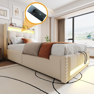 Kinder Polsterbett mit LED Beleuchtung, USB-Anschluss und hydraulischem Stauraum,90x200 cm Bett mit Kopfteil Ablage,Beige,inklusive Taschenfederkern