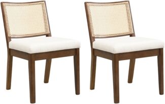 Merax Polsterstühle 2er set Esszimmerstühle aus Massivholz mit Rattan-Rückenlehnen, bequem und atmungsaktiv, geeignet für Esszimmer, Wohnzimmer, Cafés, Leinen, Nussbaum