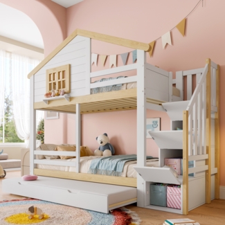 Merax Etagenbett 90x200 cm Hochbett Holzbett Stockbett mit Ausziehbett, Kinderbett Hausbett mit Treppe und Schubladen, mit Rausfallschutz, Weiß + Natur