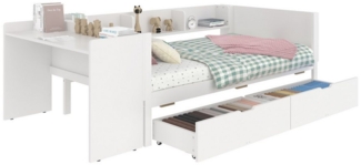 REDOM Kinderbett Daybett Tagesbett Schlafsofa Flachbett, mit Schreibtisch (mit 2 Schubladen & Regalen, mit Schreibtisch, 90x200cm, Doppelbett für kleine Räume, Kiefer & MDF, ideal für Jugend- & Gästezimmer), ohne Matratze