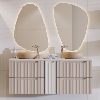 Lomadox Badmöbel-Set NEWPORT-56-CASHMERE, (Spar-Set, 3-St, LED-Spiegel Doppelwaschtisch), mit 140cm Waschtisch, Keramikwaschbecken, kaschmir mit weiß