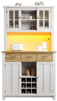 Flieks Küchenbuffet mit Schubladen, Glastüren und Weinregal (mit Arbeitsplatte und verstellbaren Ablagen, 1-St, 106x40x179,5 cm) Hochschrank mit LED Küchenschrank Bücherschrank Buffetschrank weiß