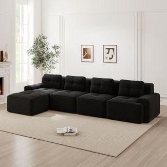 Boneless Sofas für Wohnzimmer,Modulares Sofa mit L-förmiger Chaiselongue 4-Sitzer Bequem Polstertes Tiefsitz Corduroy-Cloud-Sofa Montagefreies Sofa Rutschfestes Design,Corduroy,Schwarz,