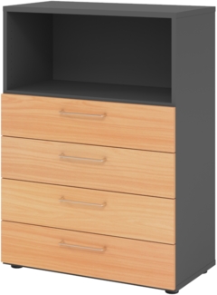 bümö smart Schubladenschrank, Büroschrank 80cm breit in Graphit/Buche mit 4 Schüben & 1 Regalfach - Bürocontainer aus Holz, Container mit Metallgriffen & Soft-Stop Schubladen, 938S4-G-6-BS