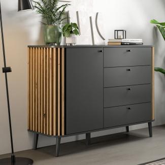 Lomadox Sideboard PONTS-158, grau Eiche Lamellen retro Schubkästen Tür 120x88x40 cm