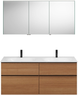 Burgbad FIUMO Waschtisch Set mit Spiegelschrank 142 cm breit, Braun, Doppelwaschbecken Gussmarmor Weiß, 4 Schubladen, Anschlag rechts