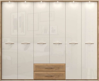 Home affaire Kleiderschrank Gala, beige hochglänzend UV lackiert, kratzfest, FSC-zertifiziert (abgerundete Schubladen aus MDF im Holzdekor, soft-close) mit Beleuchtung und Passpartourahmen, hoher Schrank (224cm), 4 Breiten