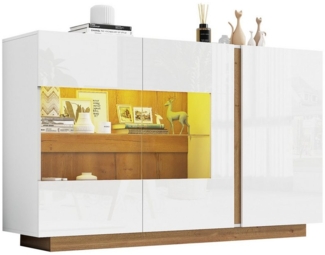 HAUSS SPOLE Sideboard Hochglanz Kommode, Spanplatte mit Glas, Holzsockel, Flurschrank weiß (Kommode, Anrichte, Wohnzimmerschrank, Aufbewahrungsschrank, Buffetschrank, Holzanrichte, 1 St, 2 Türen), mit glatte Oberfläche