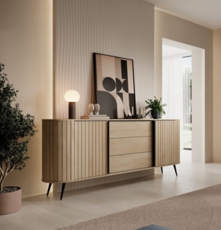 MOEBLO Kommode NOLI 196 2d3s (Gerillte Fronten, strukturierte Oberfläche, 3D-Optik, Design-Fronten, Eiche Cremona, Sideboard Wohnzimmer Kommode Schlafzimmer Komodenschrank Highboard), (BxHxT): 196 cm x 81,8 cm x 40,2 cm