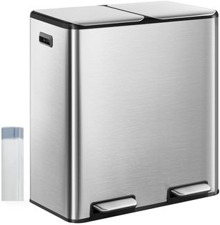 Mülleimer Küche, Mülltrennsystem 2 Fächer 60L (2 x 30 L), Edelstahl-küchenmülleimer, Tretmülleimer, Abfalleimer Ruhiger Langsamer Abstieg, mit 15 Exklusiven Abfallbeuteln, Silber