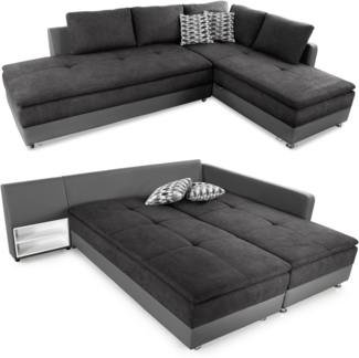 ECKSOFA-DAUERSCHLÄFER Doppelbett Boxspring Federkern Topper, Schwenkteil links B306/T223/H95 cm, Kunstleder Grau+Mikrofaser Anthrazit