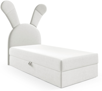 MEBLINI Kinderbett mit Bettkasten KANINCHEN 100x200 Links – H3/Weiß Samt Gepolstert Einzelbett mit Matratze - Polsterbett mit Stauraum - Bett mit Kopfteil – Stauraumbett