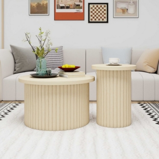 BlingBin Couchtisch Kaffeetisch Beistelltisch Wohnzimmertisch (natürlicher Holzoptik und wellenförmiger Struktur, 2-St, Rundes Couchtisch-Set im 2er-Pack,integrierter Beistelltisch), ideal für Wohnzimmer, Schlafzimmer, Arbeitszimmer oder Büro