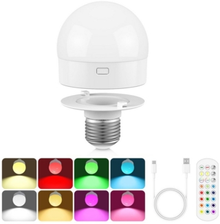 MUPOO LED Nachtlicht LED Glühbirne USB Dimmbar, Schranklicht E27 Akku Aufladbar Batterie, RGB, LED fest integriert, Fernbedienung mit Wiederaufladbare & Timing