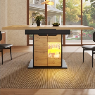 STILVORA Esstisch mit LED-Licht,Küchentisch Wohnzimmertisch ausziehbar mit Snackablage (Ausziehbarer Esstisch mit LED-Beleuchtung & Stauraum, Teleskoptisch mit Snackablage & Schranktüren, 1-St, 110-140*80*76cm)