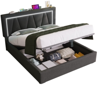 Ulife Polsterbett Doppelbett Stauraumbett Jugendbett mit Hydraulisch, USB Typ C Ladefunktion und LED-Beleuchtung