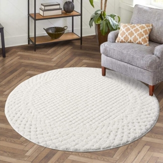 carpet city Teppich Hochflor Wohnzimmer - 200 cm Rund - Einfarbig Weiß/Creme - Hochtief-Muster/ 3D-Effekt Bordüre - Shaggy Teppiche Schlafzimmer Boho, Scandi