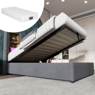 Polsterbett 90x200 cm mit kabelloser Ladestation, USB & Typ-C Anschlüssen,Kopfteil mit Ablagefächern, Baumwolle Grau,inklusive Matratze