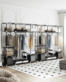 Kleiderschrank, freistehende Garderobe, mit Kleiderstangen, Garderobenst?nder, Stoffablagen, Metallrahmen, 3 Kleiderstangen mit 9 F?chern, 43 x 162 x 176 cm, schwarz