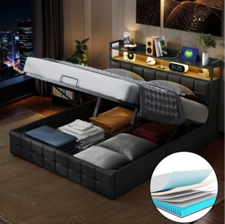 FUROKOY Polsterbett LED-Beleuchtung Hydraulisches Doppelbett (1-tlg, Kunstleder,140x200 cm mit Ladefunktion (USB- und Typ-C), und Bettstauraum,mit Matratze