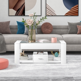 Couchtisch mit Glasplatte & 2 Schubladen 100 x 50 x 40 cm Weiß