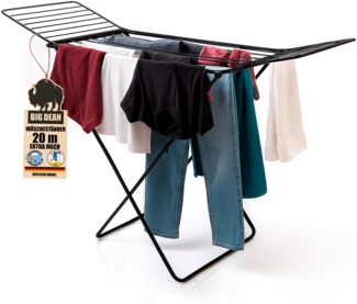 BigDean Wäscheständer 200 cm = 20m extra-hoch + dicke Leinen für einfacheres Bügeln - Wäscheständer XXL - Wäscheständer schwarz – Wäscheständer stabil X-Beine