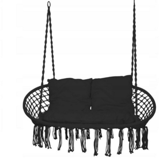 QLS Hängesessel bis 300 kg Indoor Outdoor für 2 Personen Schwarz, Metallgestell + geflochtenes Baumwollseil Boho-Design mit Fransen