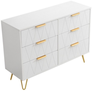 FUROKOY Kommode Nachttisch Sideboard Weiße mit Schubladen (Packung, 1 St, Flur Küche, Schlafzimmer), mit 6 Schubladen (100 x 72.5 x 34 cm) und goldenen Griffen