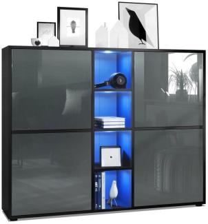 Vladon Highboard Cuba V3, Schwarz matt/Grau Hochglanz inkl. LED - Moderne Anrichte mit 12 Fächern (130,5 x 105,5 x 35,5 cm)