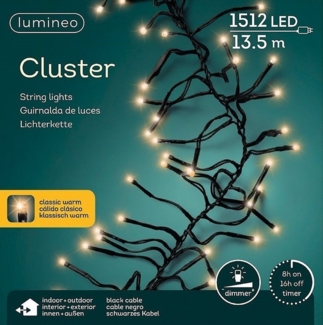 Lumineo LED-Lichterkette Lumineo Lichterkette Cluster 1512 LED 13,5 m klassisch warm, schwarz, Dimmbar, Timer, Indoor, Outdoor
