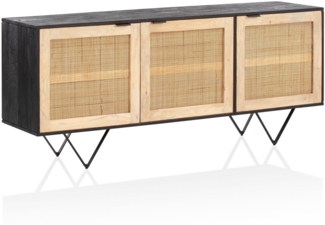 Sideboard 175x75x45 cm Mango Massivholz / Rattan Kommode mit 3 Türen, Hoher Kommodenschrank Schwarz / Braun, Standschrank Wohnzimmer, Anrichte Rohrgeflecht